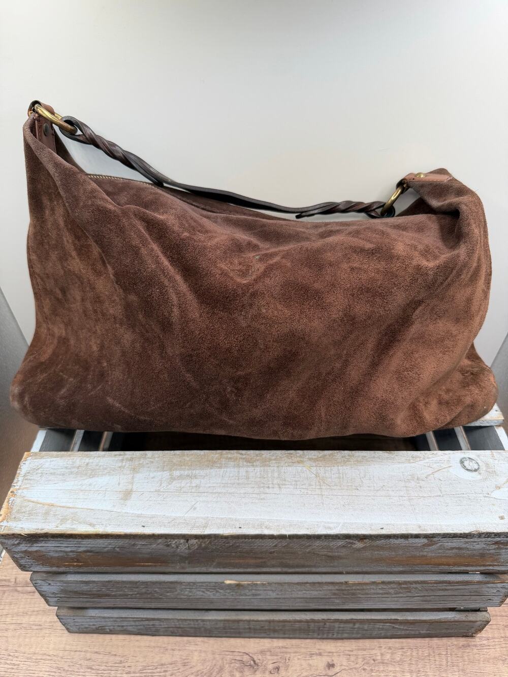 Vintage GAP Dark Brown Suede Leather Slouchy Hobo Shoulder Bag - Braided Strapโ